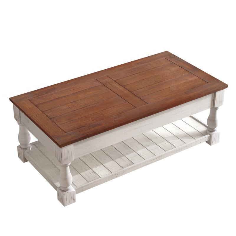Table basse à plateau relevable rétro avec compartiment caché et tablette inférieure, fini espresso et blanc vieilli pour le salon