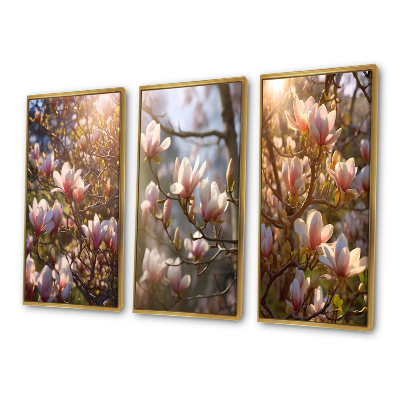 «Pink Magnolias Tree Field Bliss Photo», ensemble de 3 impressions d'art mural Magnolias, Cadre flottant doré