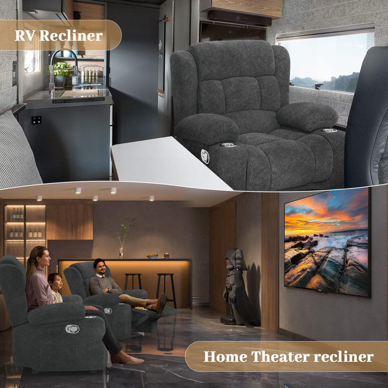 Recliner Chair for Adults, Oversized Fabric Manual Pull Tab Reclining Chair with Cup Holders, Minimalist Style Single Sofa for Living Room, RV