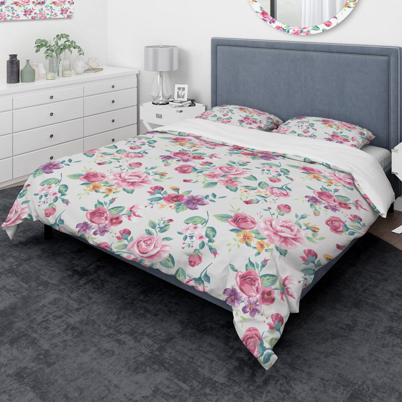 Ensemble de housse de couette designart fleurs, Housse de couette très grand + 2 taies décoratives