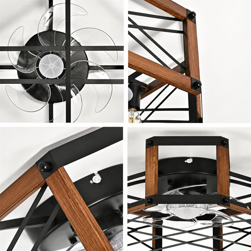 Ventilateur de plafond à cage carrée de 53 cm avec éclairage, profil bas, montage encastré, douilles E12, télécommande, 6 vitesses