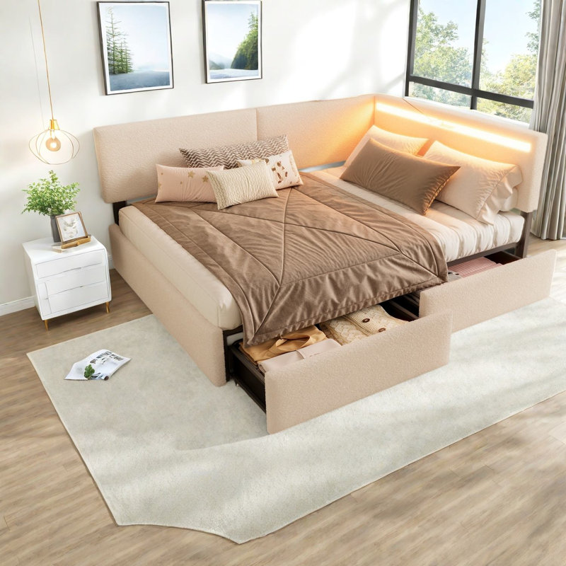 Lit double avec rangement, polaire beige, cadre en bois, style nuage moderne pour la maison