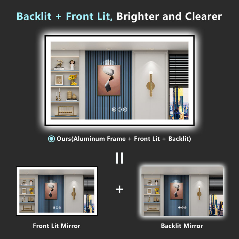 Matte Black Matel Framed Vanity Mirror with Lights, Front-lit and Back-lit, Memory Function, 3 Color Temperatures, Dimmable Light & Anti-fog Tempered Glass ETL Listed LED Mirror