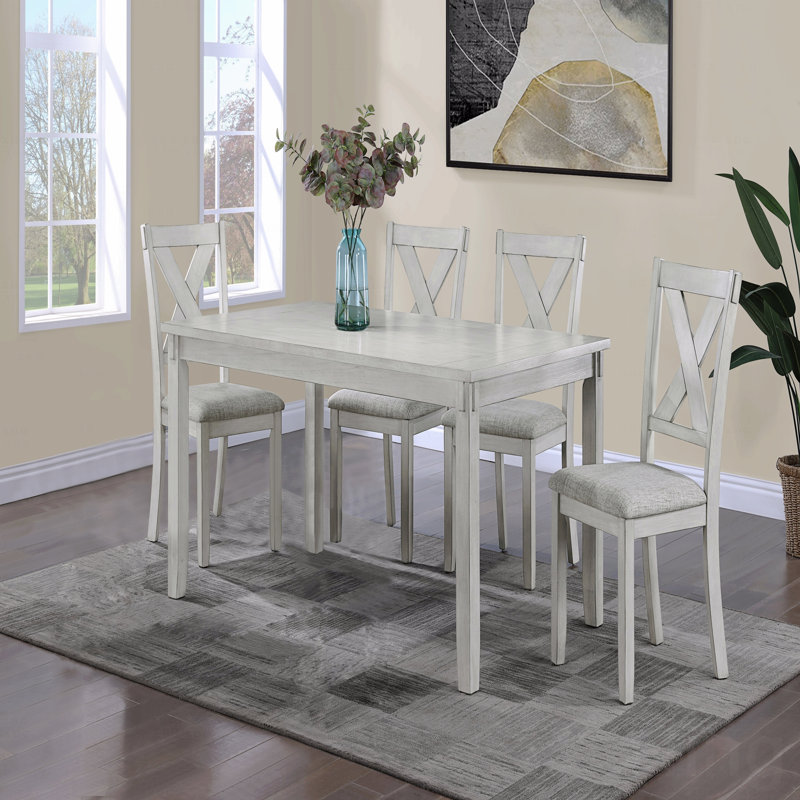 Rustic Farmhouse Style Transitional 5-Piece Dinette Dining Set Rectangular Table Linen Look Fabric Upholstered Chair Seat