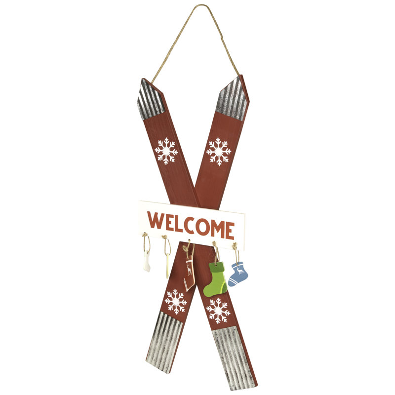 Wooden Welcome Skis With Christmas Stockings Hanging Decoration - 23.5"