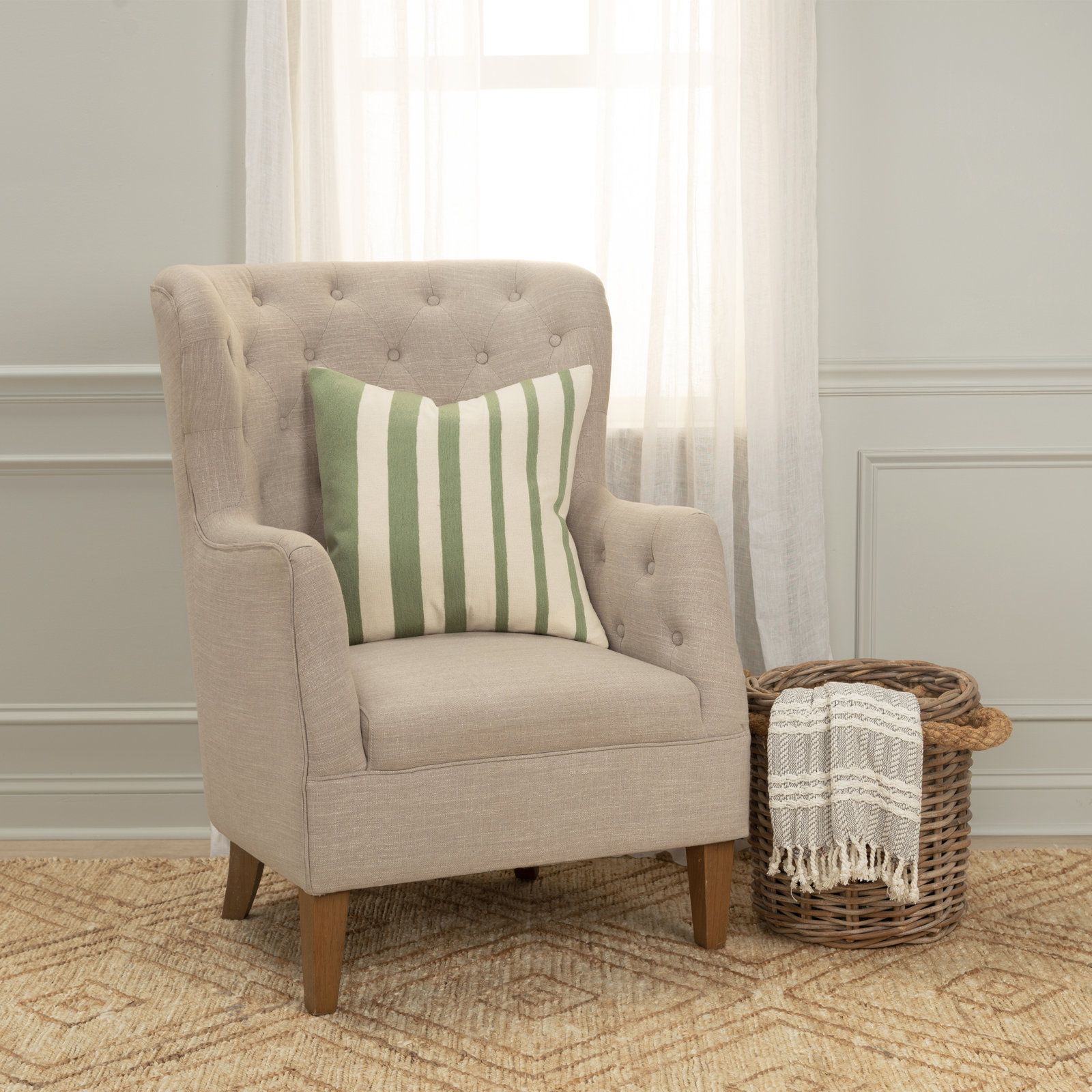 Karka 20" x 20" Embroidered Throw Pillow, Green/Natural