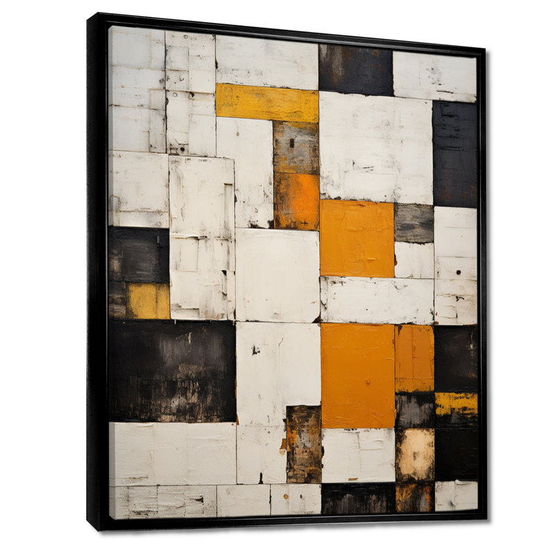 Cubist Retro Patchwork - Abstract Wall Art Print, 20" H x 12" W x 1" D, Black Floater Framed Canvas
