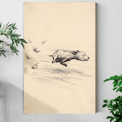 1pc Framed Canvas Wall Art Prints Poster, Running Dog Antique Terrier Sketch Dog With Zoomies Art Posters Canvas Print Painting for Living Room Bedroom Office Bathroom Dorm Home Decor, Ready To Hang