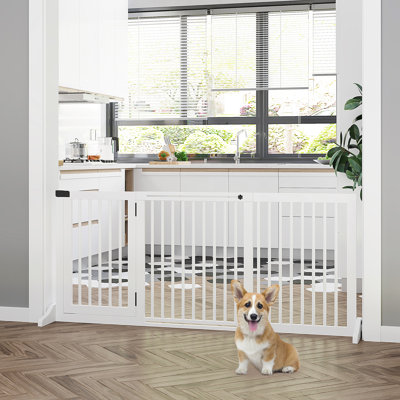 Freestanding Wooden Pet Gate. Adjustable 44.5" - 66.38". White Color. 3 Panels With Lockable Door & Barrier. For Doorway, Hall, Bedroom, Staircase Gate From . Design. Barrier Door. White. Entryway