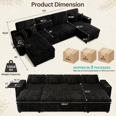 U Shaped Sleeper Sofa, 110.63 inch Overisze - 2 in 1 Pull Out Bed, Sectional Sleeper Sofa with Double Storage Chaise for Living Room, Corduroy Fabric Couch,BLACK