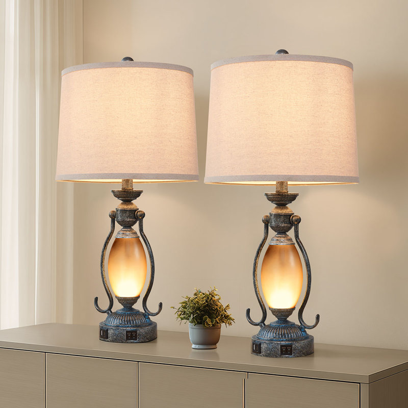 Ensemble de lampes de table 25,5 "rétro avec veilleuse et deux ports USB (ensemble de 2), Sarcelle