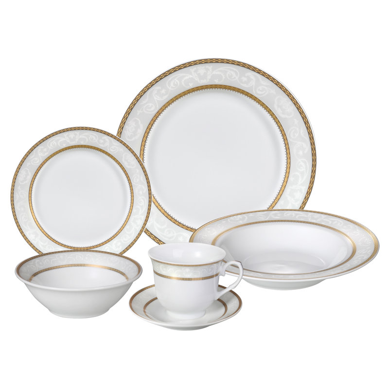 Amelia White and Gold Porcelain 24-Piece Dinnerware Set