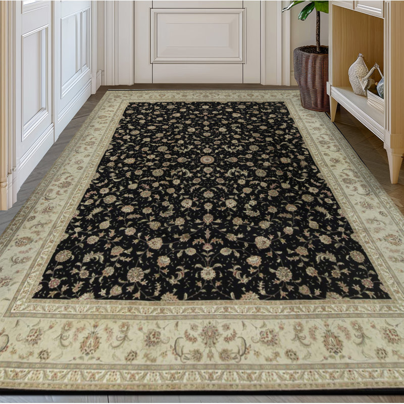 Tapis noir et ivoire de haute qualité noué à la main