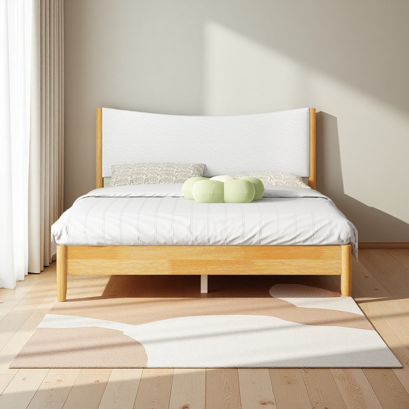 Queen Size, Solid Rubber Wooden Bed With Boucle Upholstered Headboard, Enhanced By Support Feet