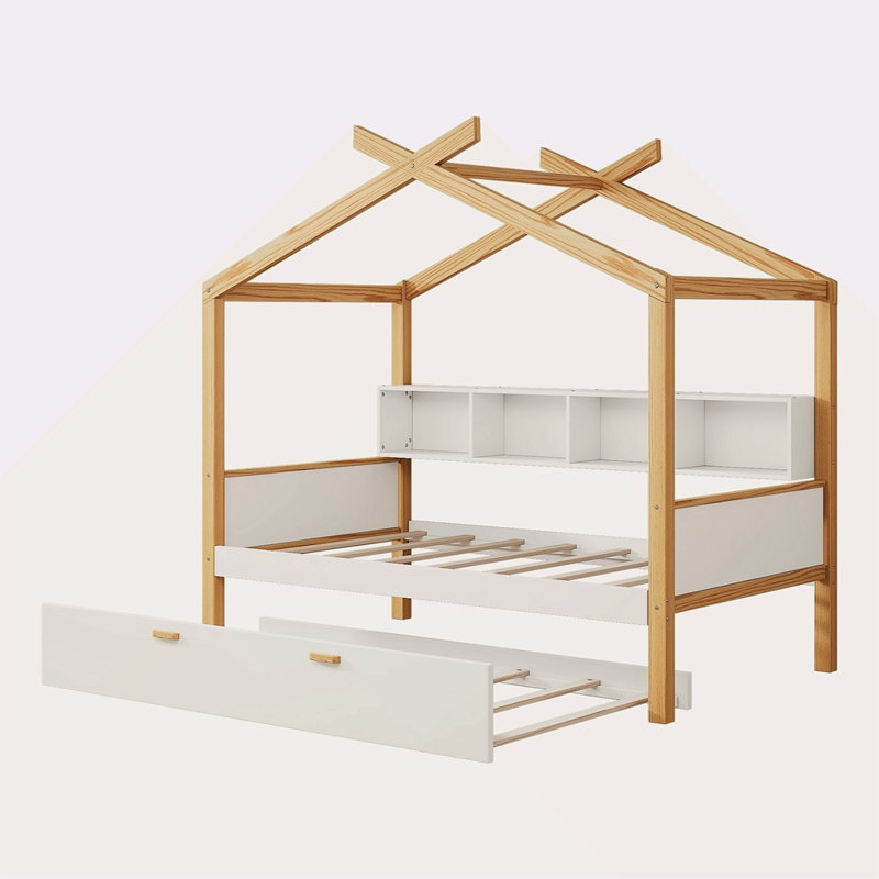 Lit simple en bois avec structure en bois originale, lit gigogne simple et bibliothèque pour enfants ou chambre d'amis