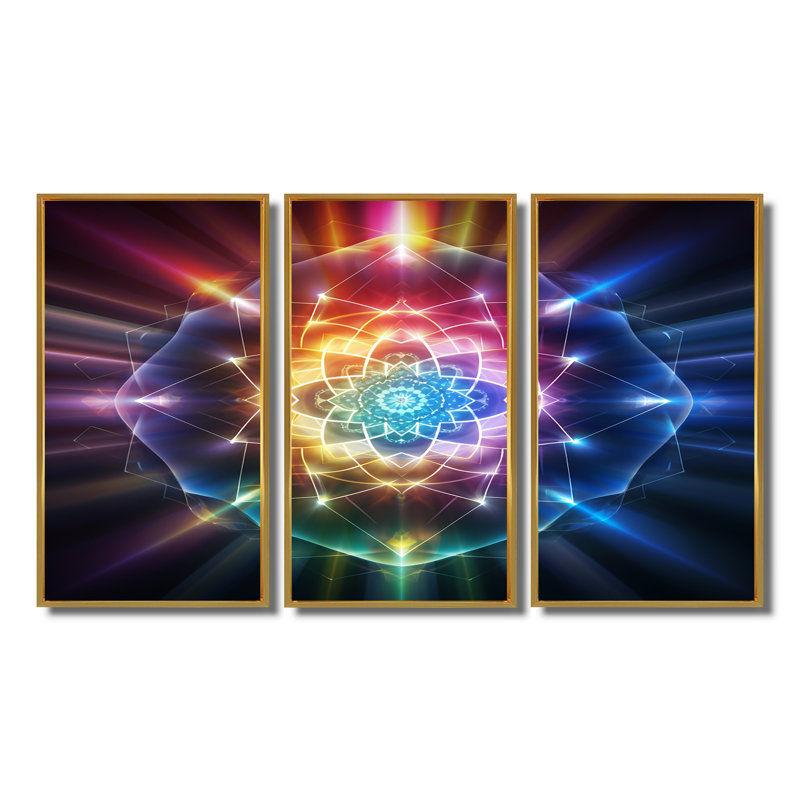 Mandala arc-en-ciel magique - ensemble de salon d'art mural géométrique, Cadre flottant doré, H 28 po x l 36 po x P 1 po
