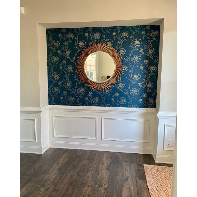 Marlee 33' L x 20.5" W Textured Peel and Stick Wallpaper Roll, Peacock Blue/Metallic Gold, 16.5" L x 20.5" W