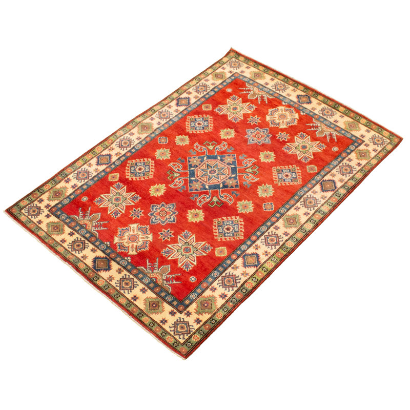 Tapis unique en laine noué à la main style Ouzbék Gazni des années 2010 de 4 pi 11 po x 7 pi 1 po rouge Halma