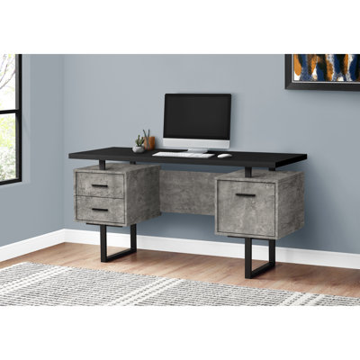 60"l Desk For Home Office Setup, Black And Grey Concrete Laminate, Reversible Up, File Storage, Metal Frame Computer Home, 2 Storage Drawers,