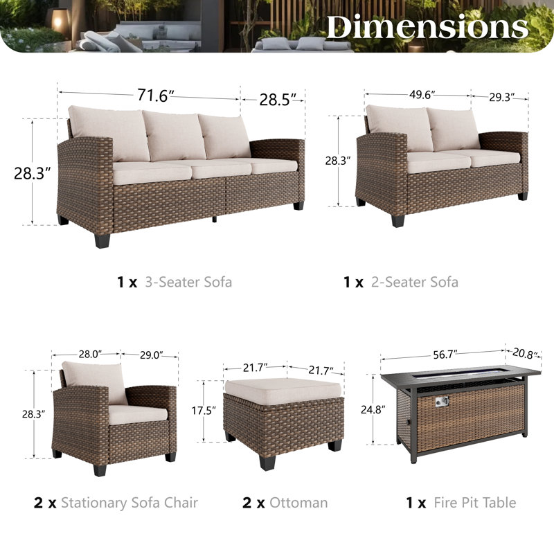 Ensemble de conversation d'extérieur en osier avec foyer pour 9 personnes Salem, Oui, Beige