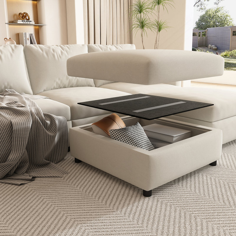 Grand canapé modulaire moderne, canapé modulaire en U avec fonction de rangement, Tissu blanc antique