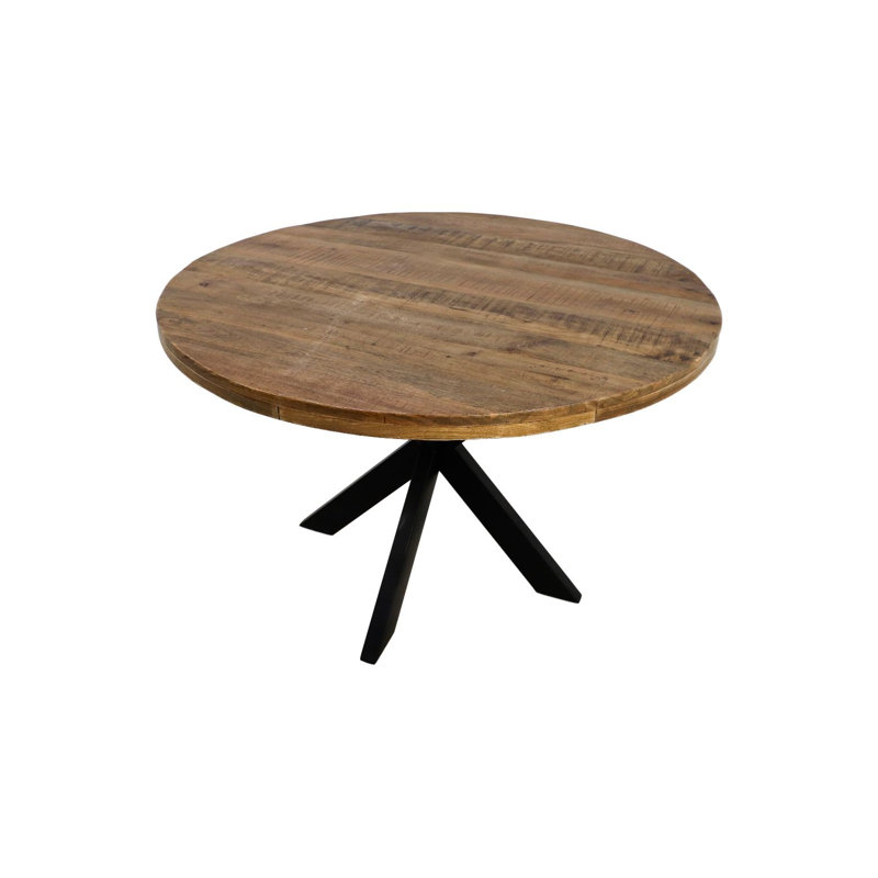 Angilina Round Solid Wood Top Metal Base Dining Table, Natural Wood/Black, 76cm H x 140cm L x 140cm W