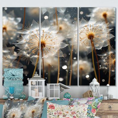 «White Teal Dandelion Symphony I», ensemble de reproductions d'art florales en métal