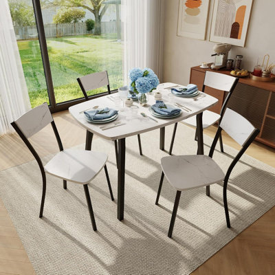 5-Piece Dining Table Set for 4, 43" Square Kitchen Table with 4 Chairs, MDF Set with Rounded Corners & Steel Legs for Small Apartments