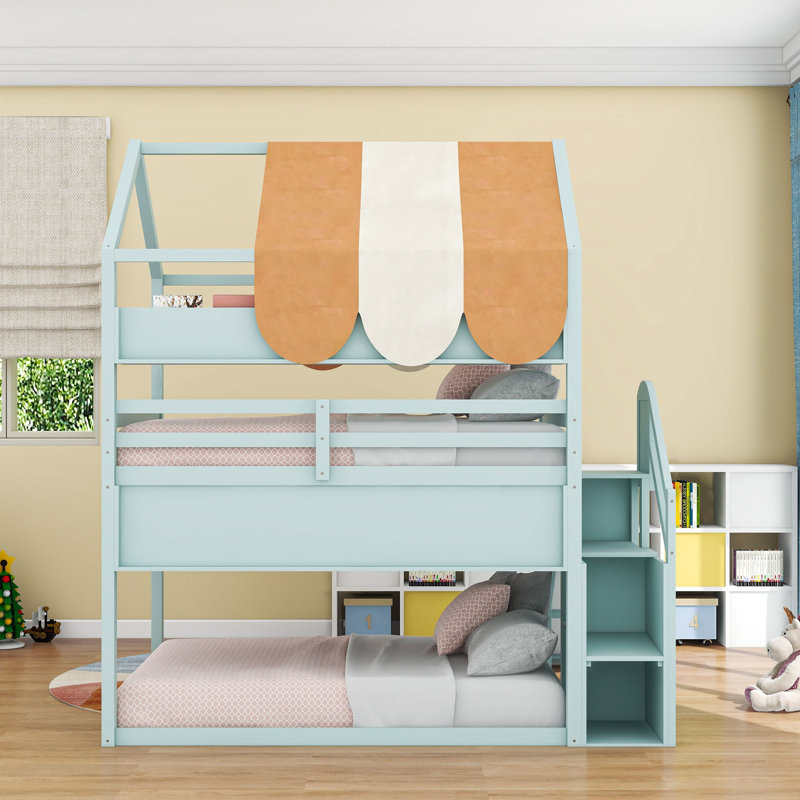 House Bed With Canopy And Bookshelves, Light Green