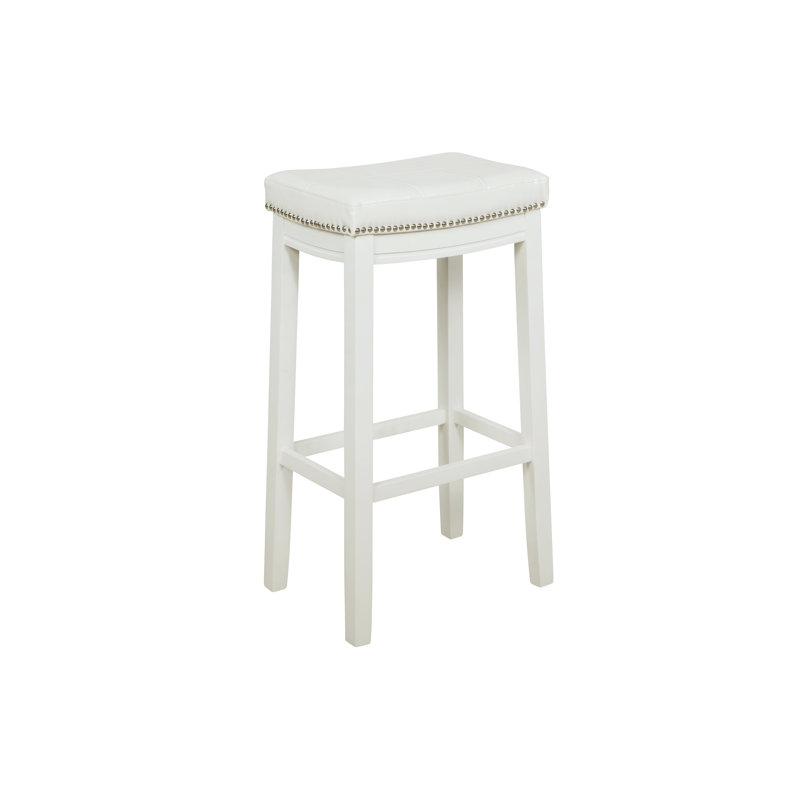 Tabouret de comptoir et de bar en bois massif sans dossier avec siège rembourré Bartonville, Simili cuir blanc et blanc