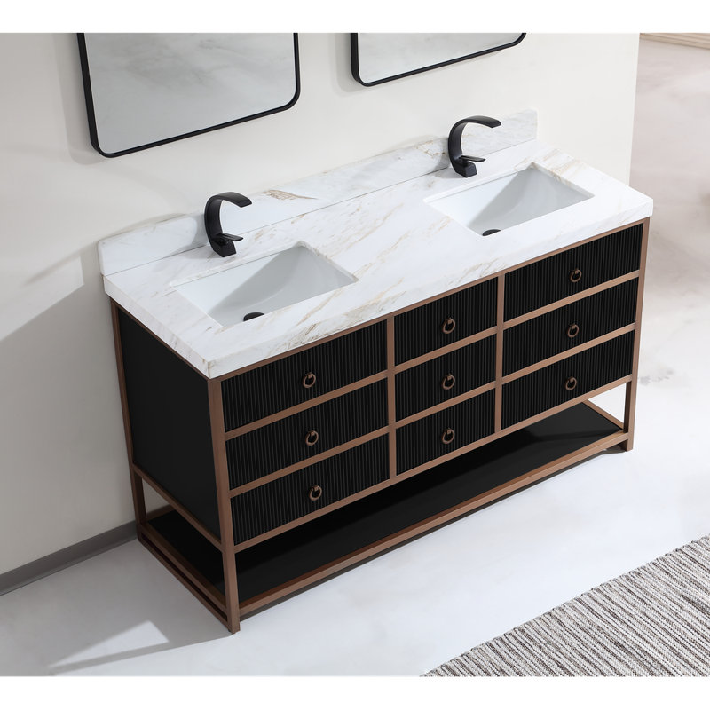 72" Double Vanity With Golden Brush Stainless Steel Frame And Tricorn Black Finish With 2' Thick Black Natual Stone Top, 60"