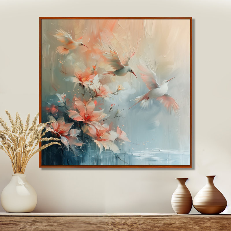 Décoration murale oiseaux blancs et roses Paradise Cove II, H 30 po x l 30 po x P 1 po, Toile avec cadre flottant brun