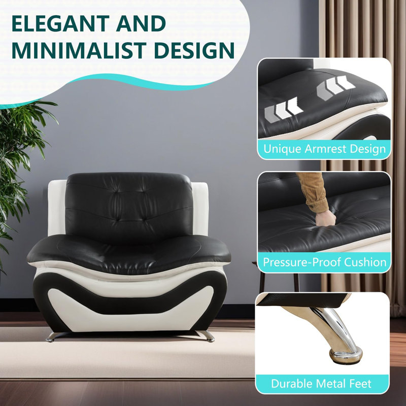 Chaise d'appoint 42 po moderne en similicuir avec motif ondulé et pieds chromés, Blanc/Noir