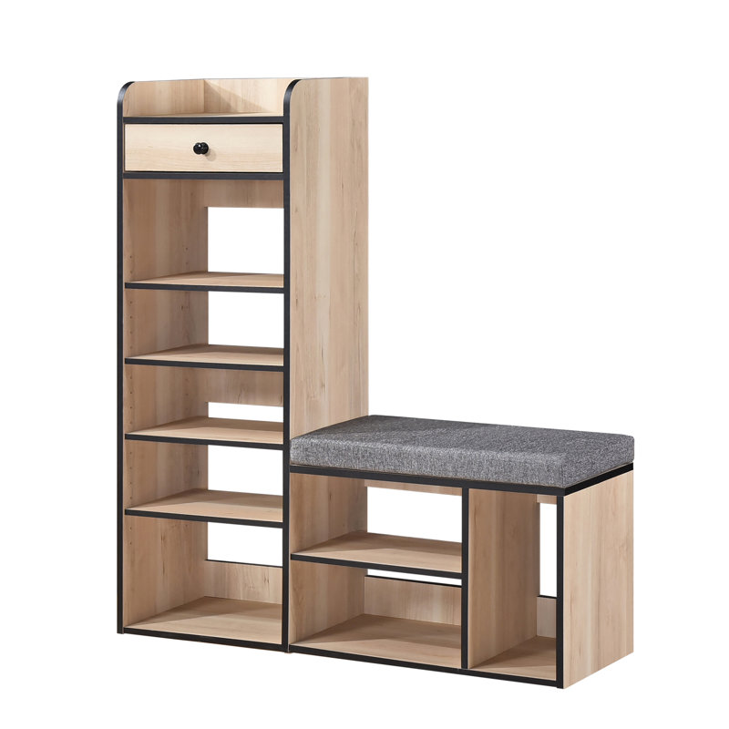 Entryway Shoe Storage Bench with Cushion, Open Shelving and Drawer Organizer, Space-Saving Shoe Rack for Hallway, Home or Apartment
