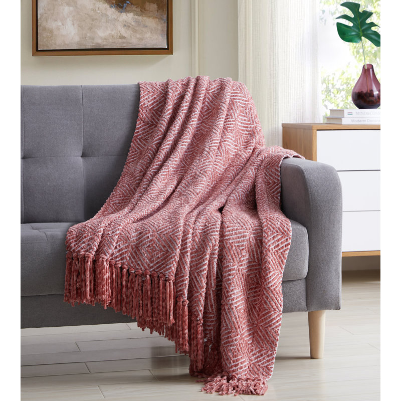 Tahari Home Allie Pink Geo Chenille Fringe Throw
