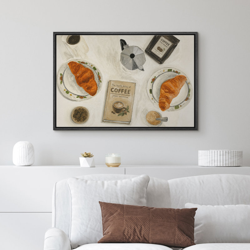 «Warm Neutral Coffee and Croissant Breakfast Still Life», reproduction d'art sur toile encadrée dans la chambre principale