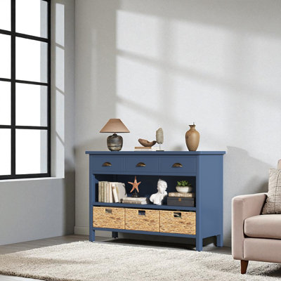 Console rétro en bois avec 3 tiroirs et paniers de rangement - Armoire d'entrée ou de salon bleu marine