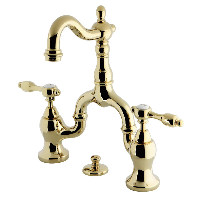 Kingston Brass Tudor Two-Handle 3-Hole Deck Mount Bridge Bathroom Faucet with Brass Pop-Up, Polished Brass