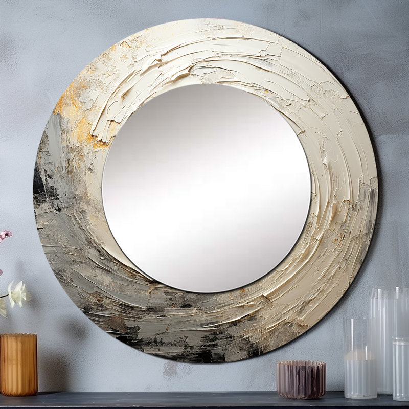 Mouvement méditatif gris beige I - miroir spirales abstraites, miroir mural rond unique moderne, impression sur métal