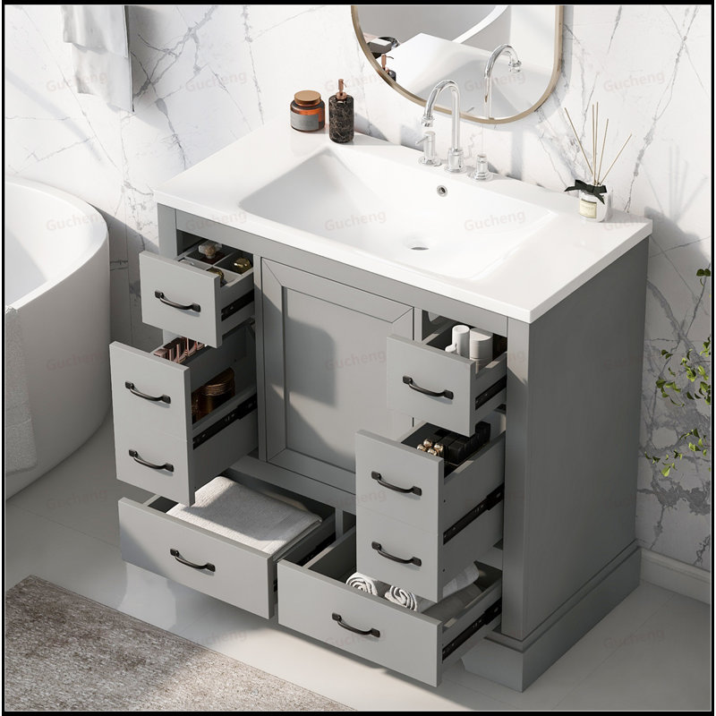 Meuble-lavabo 36 po avec six tiroirs, Gris