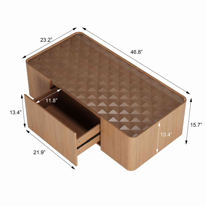 Table basse de style Mid-Century moderne avec plateau en verre, table centrale rectangulaire avec tiroirs de rangement cachés pour le salon, table basse de rangement contemporaine avec base stable