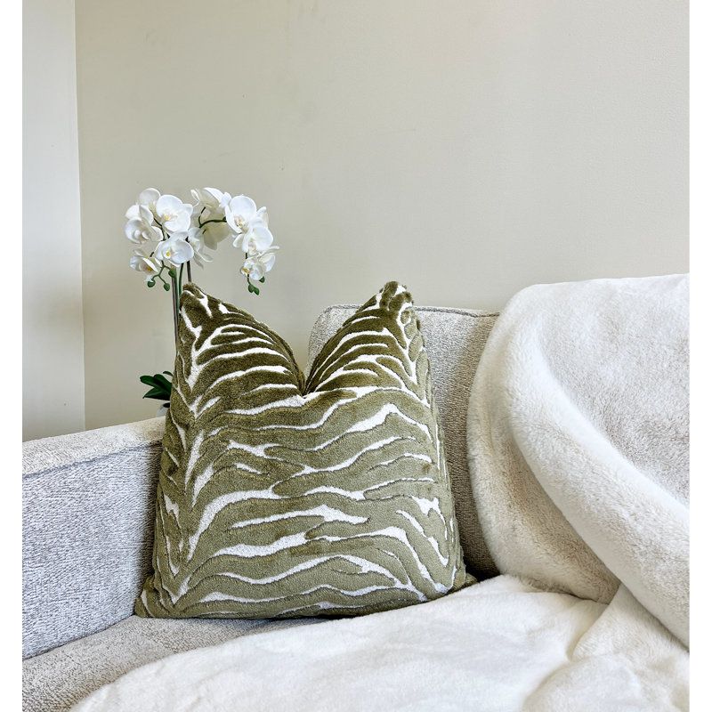 Velvet Zebra Throw Pillow Cover, 22" H x 22" W, Olive