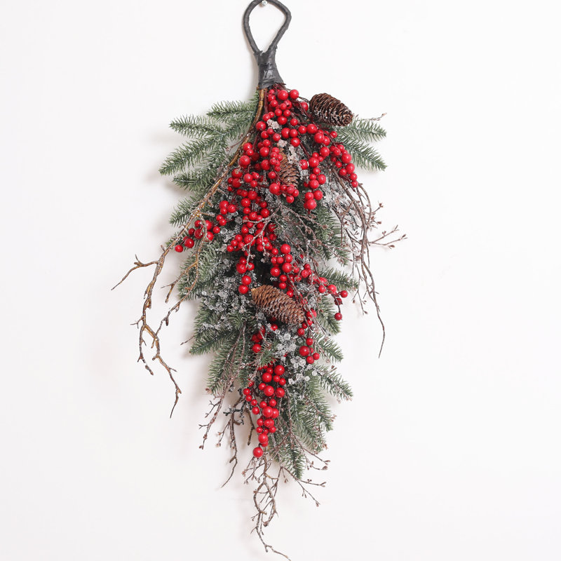 Waterproof Red Berry, Pinecone & Iced Twig Christmas Teardrop Front Door Holiday Swag