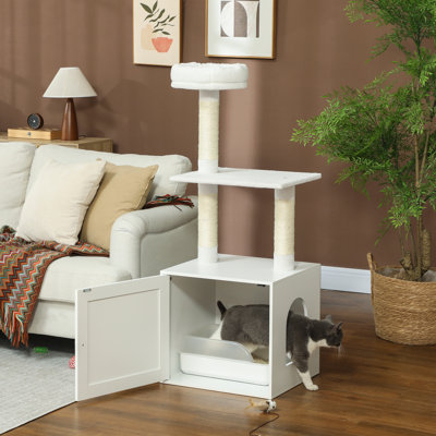 Arbre à chat avec bac à litière, tour à chat 2-en-1 pour chatons d'intérieur avec poteaux à griffer, lit, plateformes d'escalade, meubles pour animaux de compagnie de style moderne, blanc