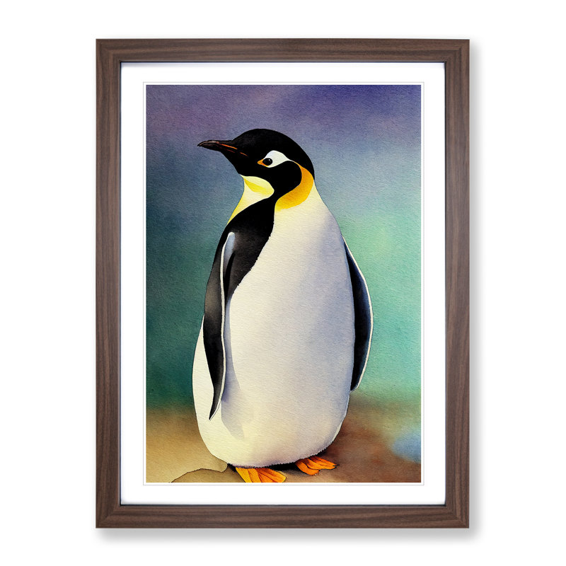 XV1022-3494X Penguin In Watercolour No.4 - Wall Art, Walnut Framed Paper, White, 64cm H x 46cm W