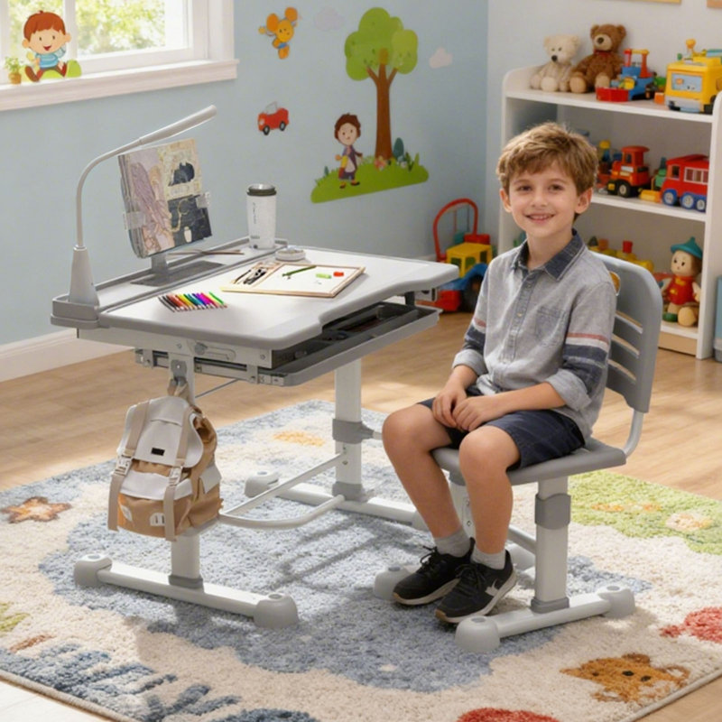  Desk And Chair Set For Kids Height Adjustable Drawing Desk Functional Study Table With 55° Tilt Desktop, Writing Board, Pen Slot, 3 Mode Led Light, Storage Drawer, Hook, Book Stand (gray)