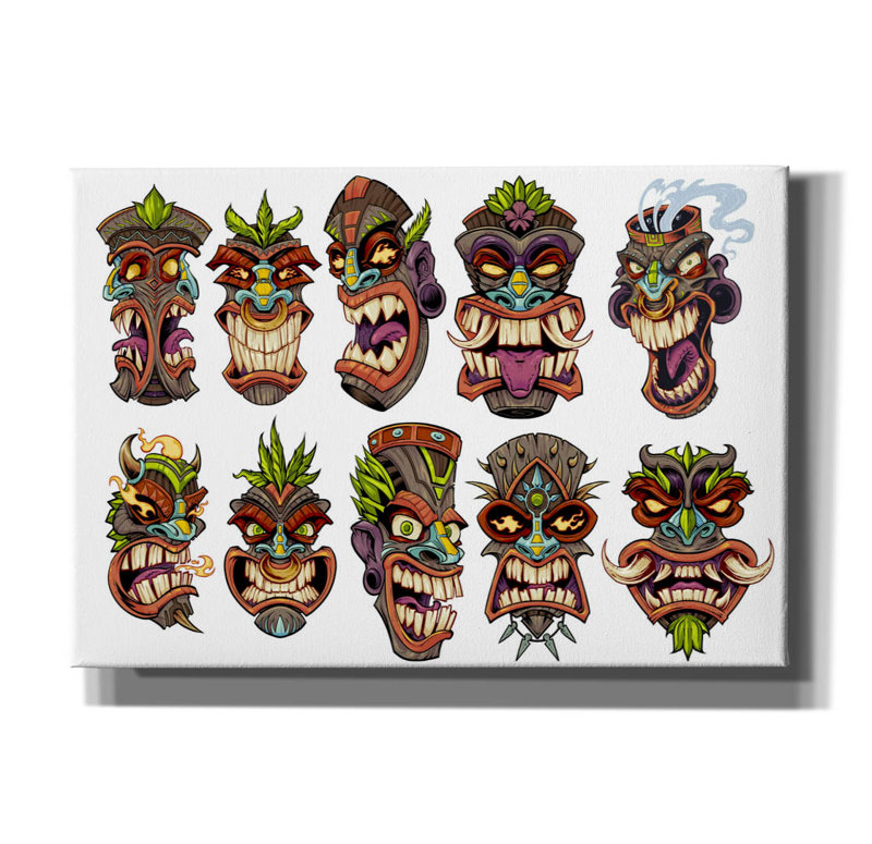 Tête de tiki Baford à plat sur toile, H 18 po x l 26 po x P 0,75 po