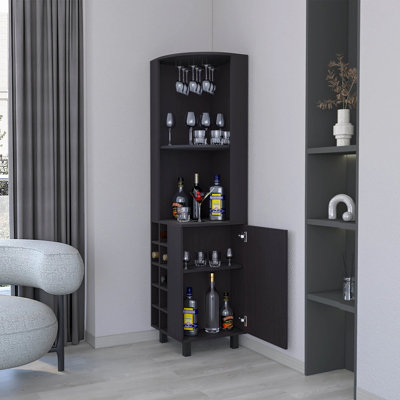 Wengue Corner Bar Cabinet With Glass Holder And Wine Rack