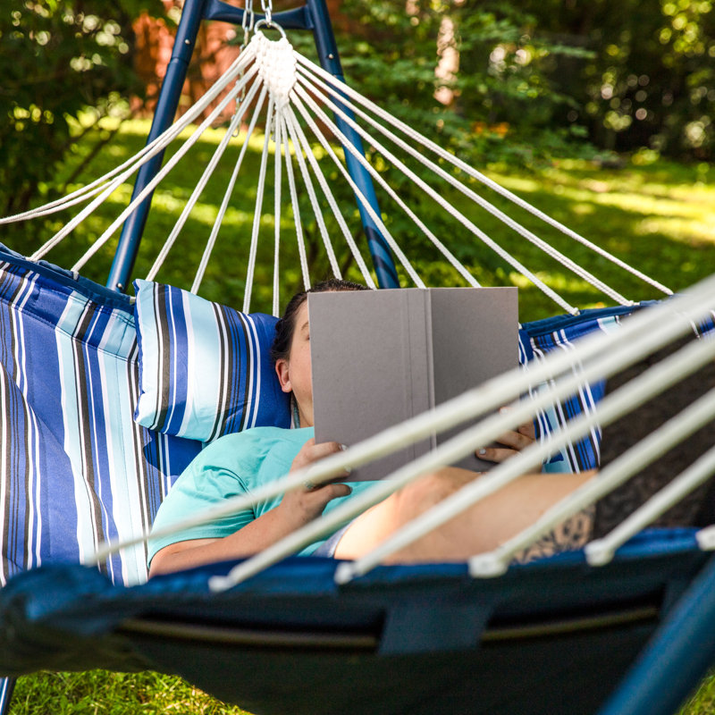 Blue and White Quilted Double Hammock with Metal Spreader Bars