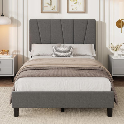 Twin XL Upholstered Bed Frame with Adjustable Headboard, Linen Platform Bed, Grey